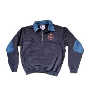 VTG GAME Workwear Indy ERT Pullover Sweatshirt USA Denim Elbow Patch Sz L GUC